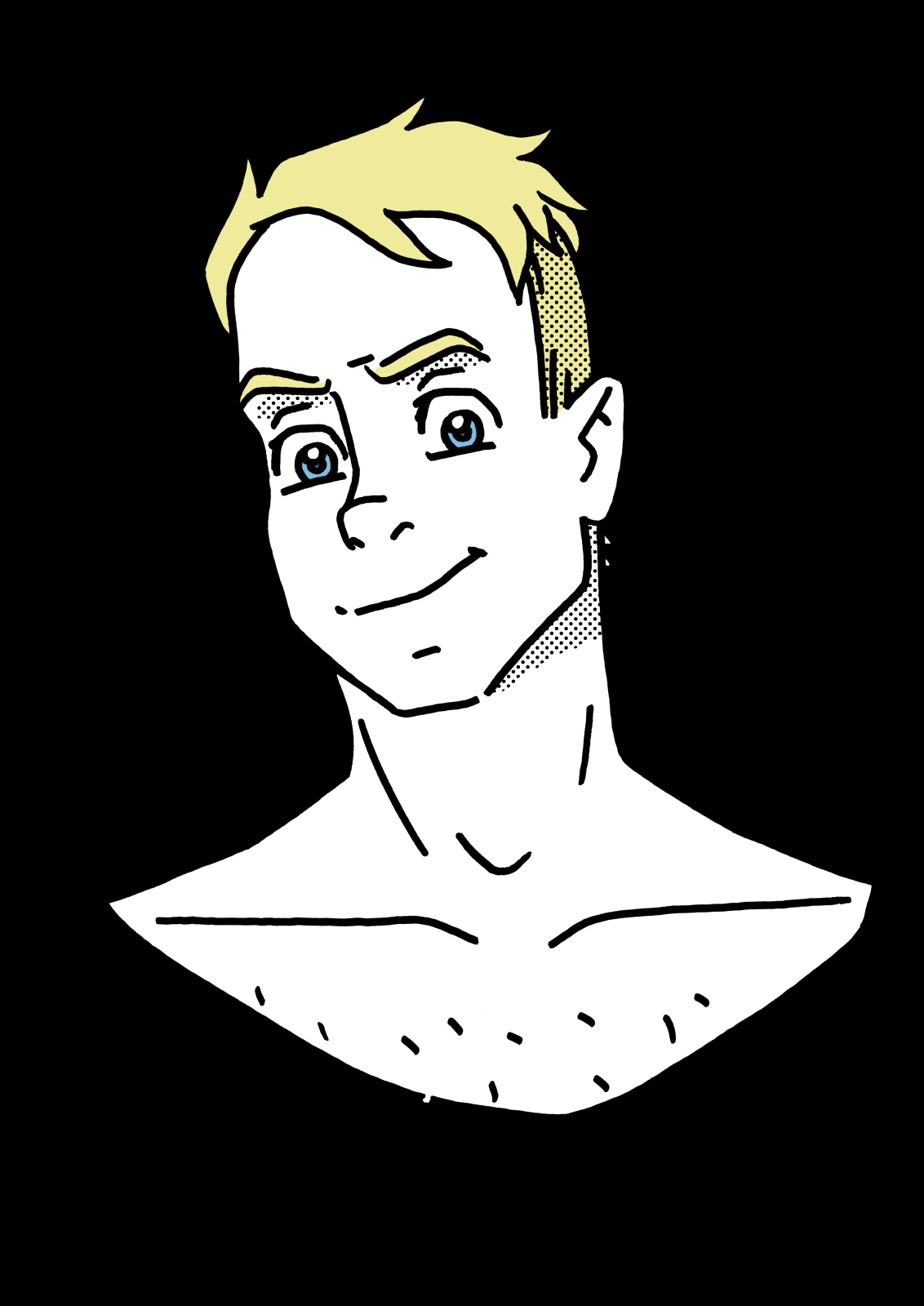 Guy, a guy (!) with blonde hair and a very wide necked T-shirt. He smiles in a good-natured way.