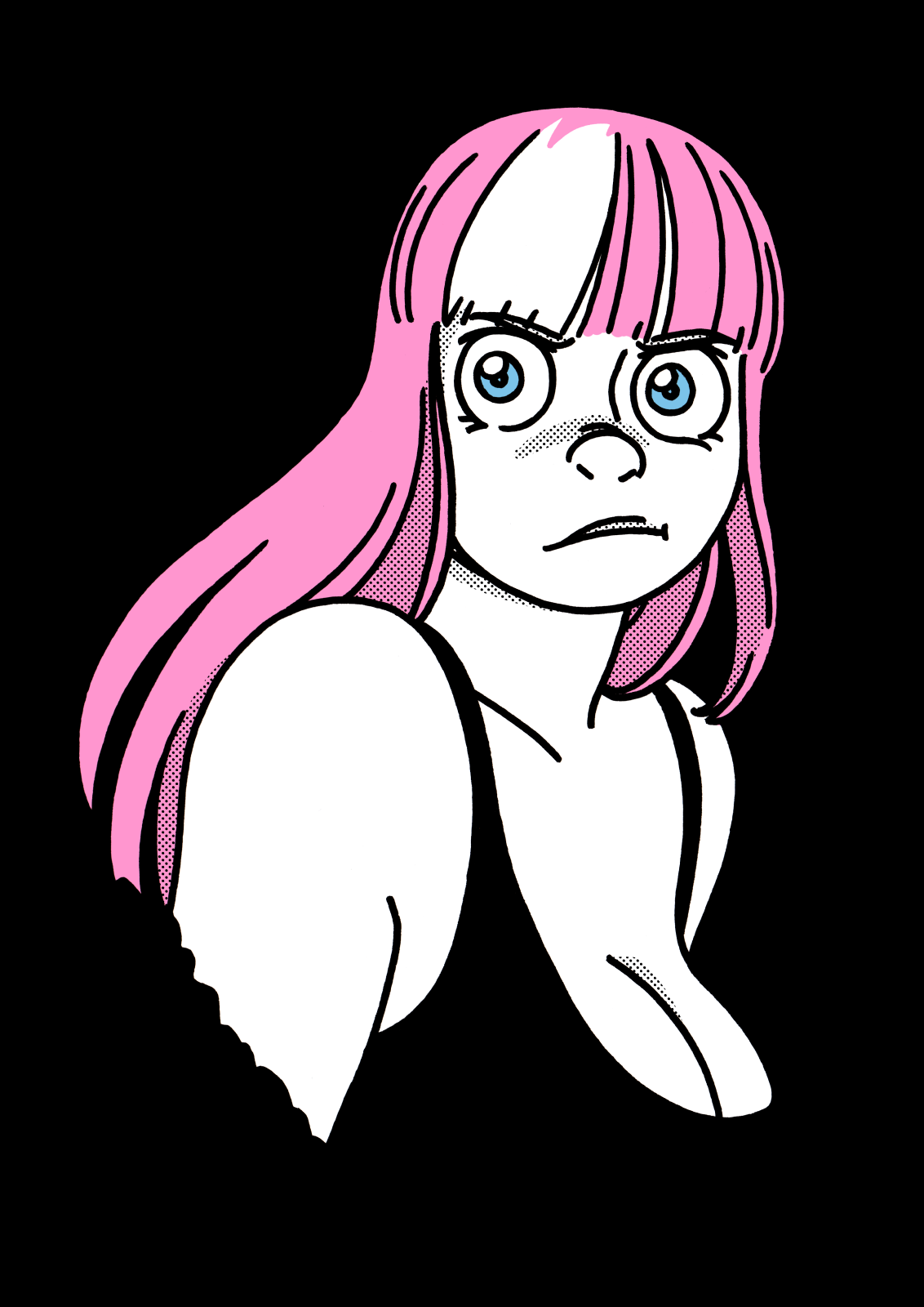 Penny, a girl with dyed pink hair with a white stripe. She seems like she’s had enough of whatever this is.